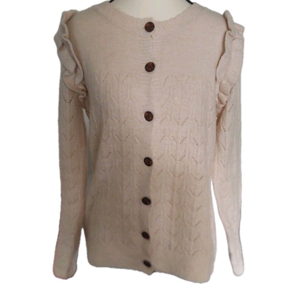 Cupcakes and Cashmere Women's Ivory Frilly Cardigan Whimsical Cottage Core Sz M